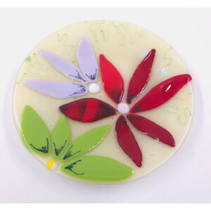 Vtg Fused Art Glass Floral Plate MCM Green White Purple Red APPLIED FLOWERS